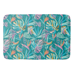 Colourful tropical flowers and leaves pattern bath mat
