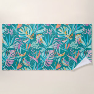 Colourful tropical flowers and leaves pattern beach towel