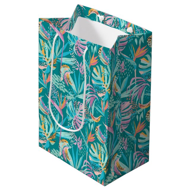 Colourful tropical flowers and leaves pattern medium gift bag (Front Angled)