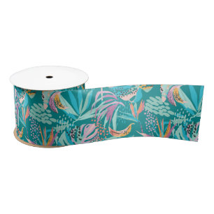 Colourful tropical flowers and leaves pattern satin ribbon