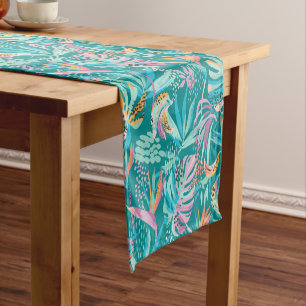 Colourful tropical flowers and leaves pattern short table runner