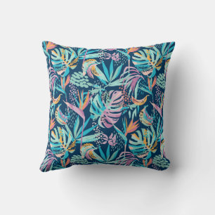 Colourful tropical flowers and leaves pattern throw pillow