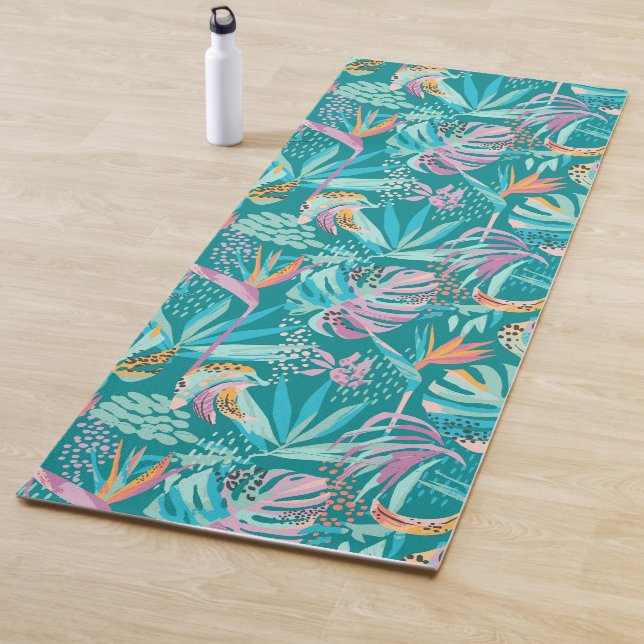 Colourful tropical flowers and leaves pattern yoga mat (In Situ)