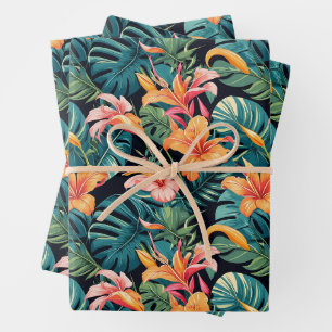 Colourful Tropical Flowers and Leaves Wrapping Paper Sheet