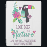 colourful tropical flowers and toucan inspirationa iPad cover<br><div class="desc">This inspirational cover features a lovely tropical print in vivid colours,  with a cute cartoon toucan,  colourful tropical leaves and flowers,  and a little pink bird. 
The caption,  from Einstein,  reads "look deep into Nature and you will understand everything better",  in purple and light blue fonts.</div>