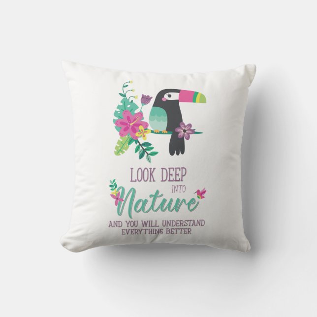 colourful tropical flowers and toucan inspirationa throw pillow (Front)