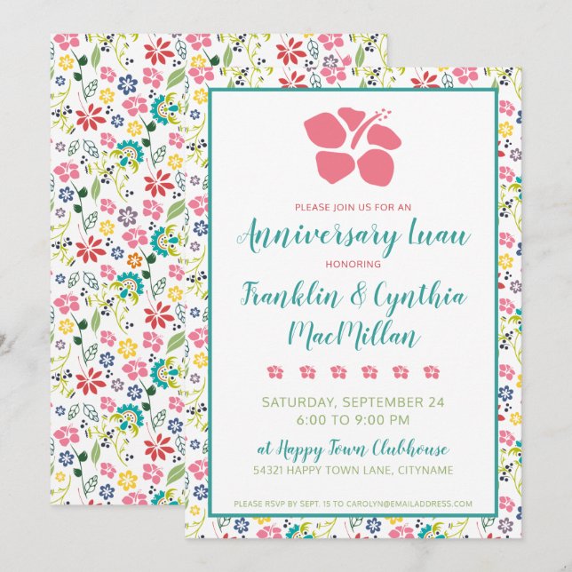 Colourful Tropical Flowers Anniversary Luau Invitation (Front/Back)