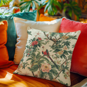 Colourful Tropical Flowers Birds Throw Pillow