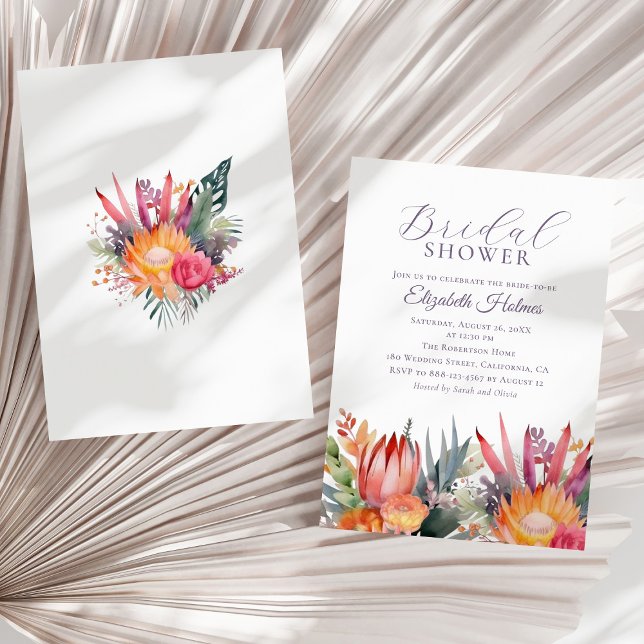 Colourful Tropical Flowers Bridal Shower  Invitation (Colorful Tropical Flowers Bridal Shower Invitation on a sunny neutral dry palm leaf.)