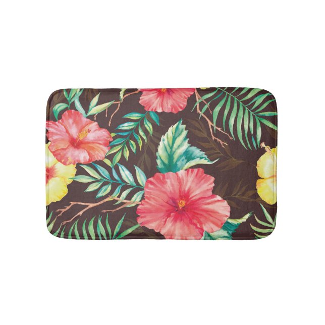 Colourful Tropical Flowers Dark Background Bath Mat (Front)