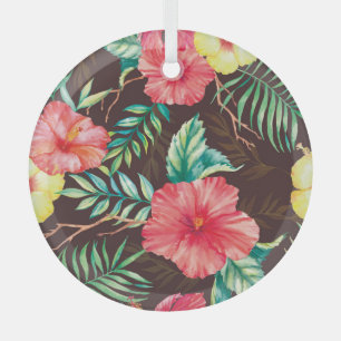 Colourful Tropical Flowers Dark Background Glass Ornament
