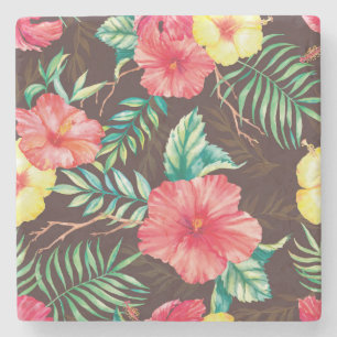 Colourful Tropical Flowers Dark Background Stone Coaster