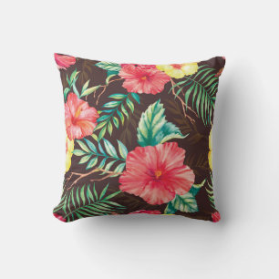 Colourful Tropical Flowers Dark Background Throw Pillow