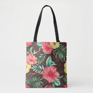 Colourful Tropical Flowers Dark Background Tote Bag