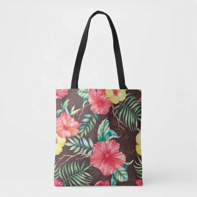 Colourful Tropical Flowers Dark Background Tote Bag (Front)