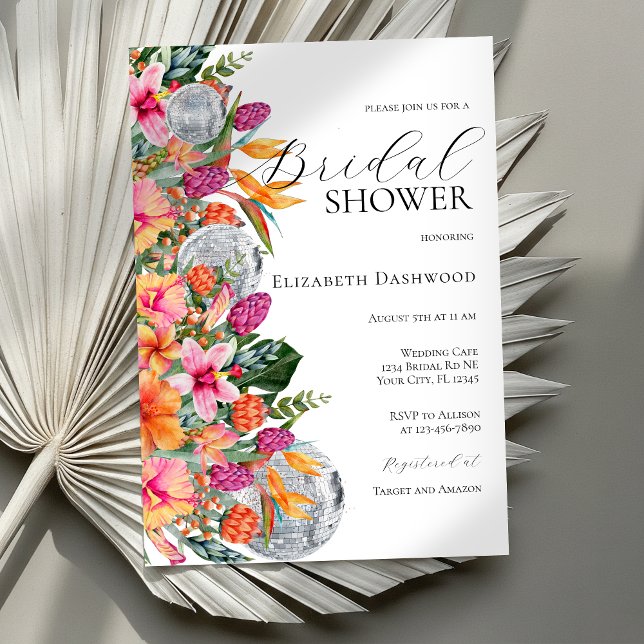 Colourful Tropical Flowers Disco Ball Bridal Showe Invitation (Creator Uploaded)