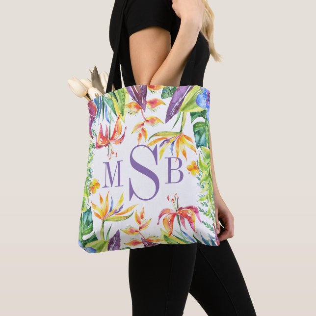 Colourful tropical flowers frame Monogram Tote Bag (Close Up)