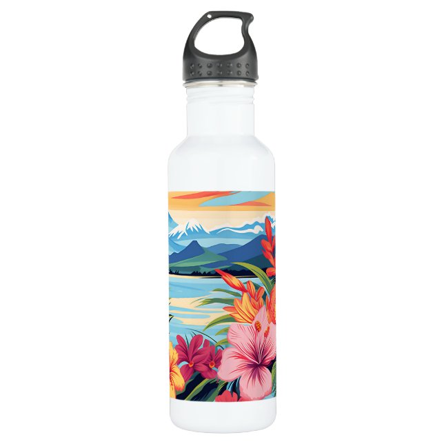 Colourful Tropical Flowers & Landscape 710 Ml Water Bottle (Front)