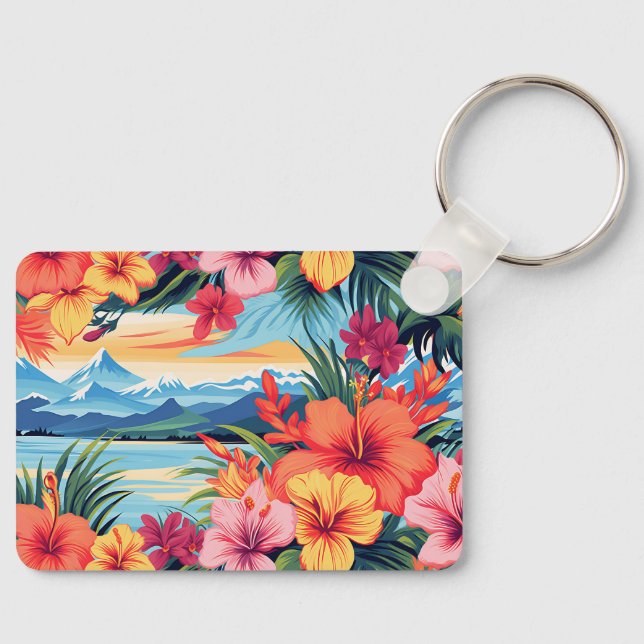 Colourful Tropical Flowers & Landscape Keychain (Front)