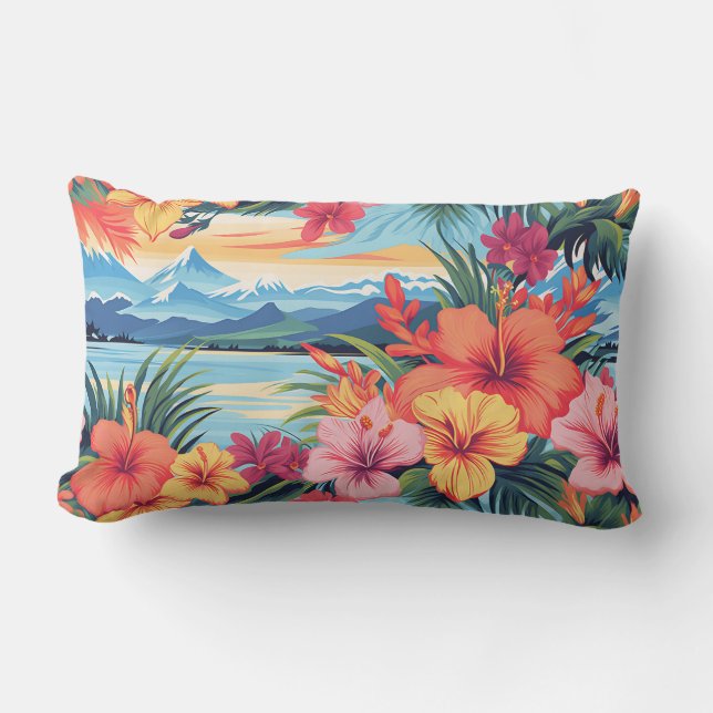 Colourful Tropical Flowers & Landscape Lumbar Pillow (Front)