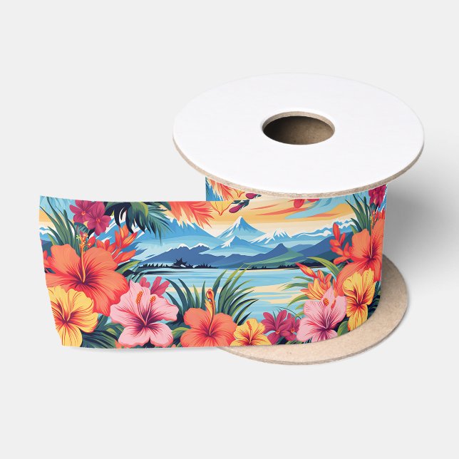 Colourful Tropical Flowers & Landscape Satin Ribbon (Spool)