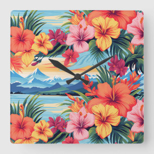 Colourful Tropical Flowers & Landscape Square Wall Clock