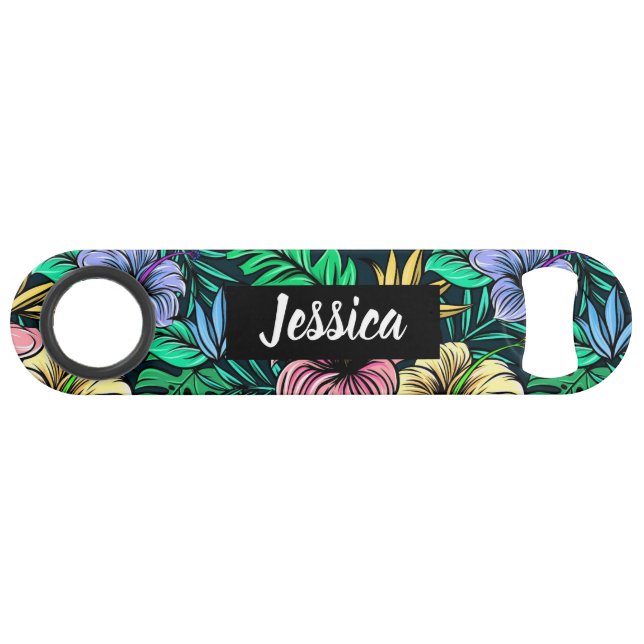 Colourful Tropical Flowers Modern Personalised Bar Key (Front (Horizontal))