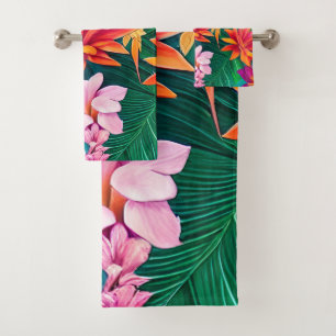 Colourful Tropical Flowers Pattern Bath Towel Set