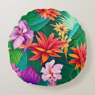 Colourful Tropical Flowers Pattern Round Pillow