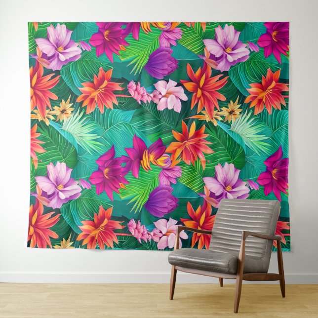 Colourful Tropical Flowers Pattern  Tapestry (In Situ (Horizontal))