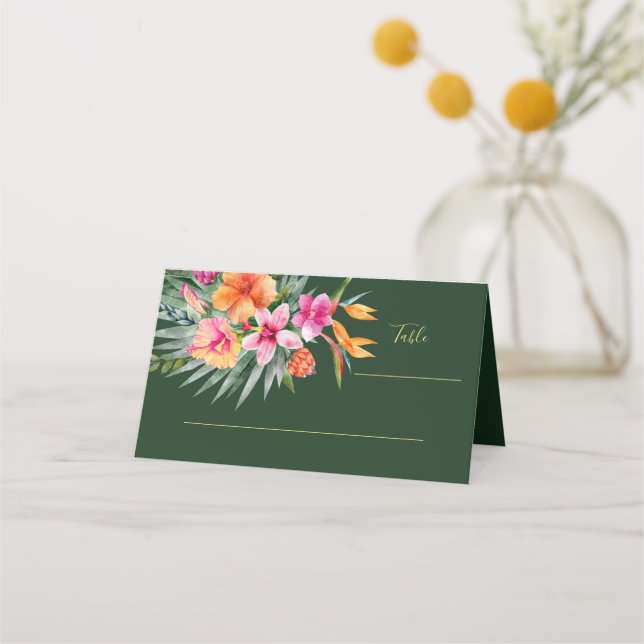 Colourful Tropical Flowers Pink & Orange Wedding Place Card (Front)