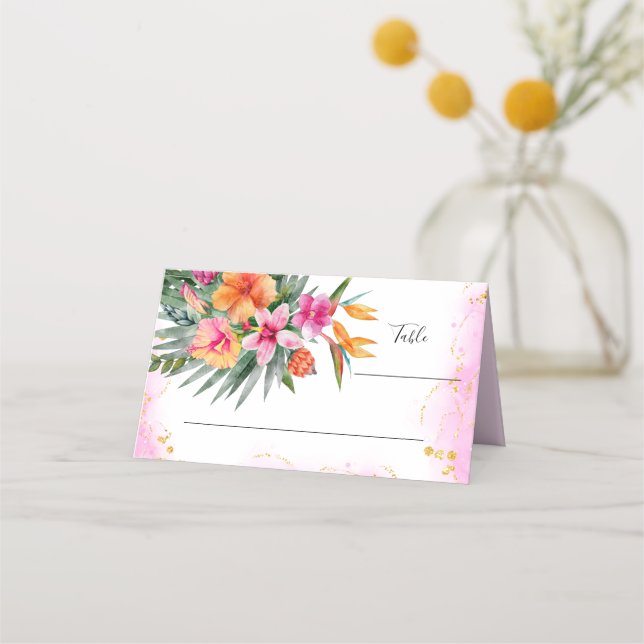Colourful Tropical Flowers Pink & Orange Wedding Place Card (Front)