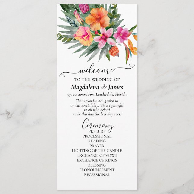 Colourful Tropical Flowers Pink Orange Wedding Program (Front)