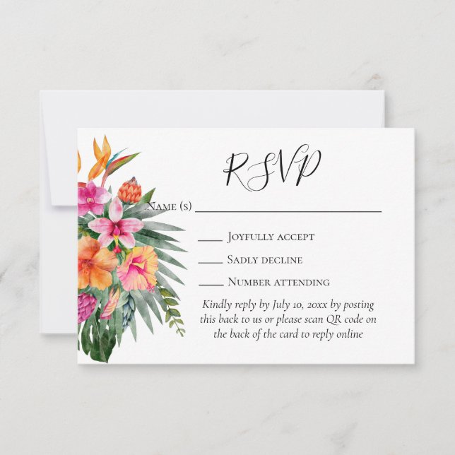 Colourful Tropical Flowers QR Code Wedding RSVP Card (Front)