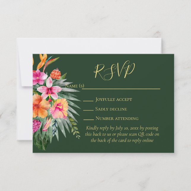 Colourful Tropical Flowers QR Code Wedding RSVP Card (Front)