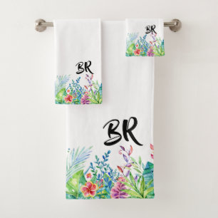 Colourful Tropical Flowers & Typography Monogram Bath Towel Set