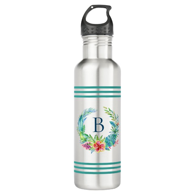Colourful Tropical Flowers Wreath Custom Monogram 710 Ml Water Bottle (Front)