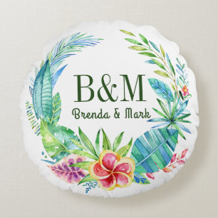Colourful Tropical Flowers Wreath Round Pillow