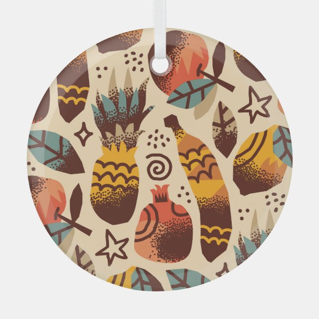 Colourful Tropical Fruit Mix Pattern Glass Ornament (Front)
