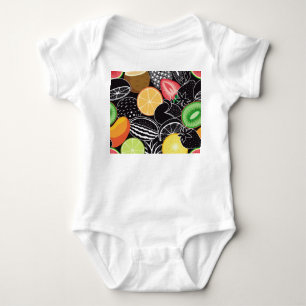 Colourful tropical fruits, black background. baby bodysuit