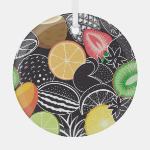 Colourful tropical fruits, black background. glass ornament