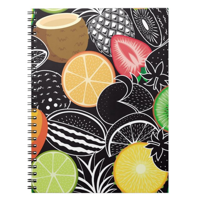 Colourful tropical fruits, black background. notebook (Front)