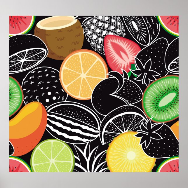 Colourful tropical fruits, black background. poster (Front)