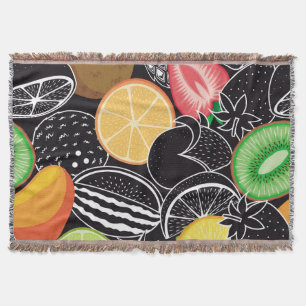 Colourful tropical fruits, black background. throw blanket