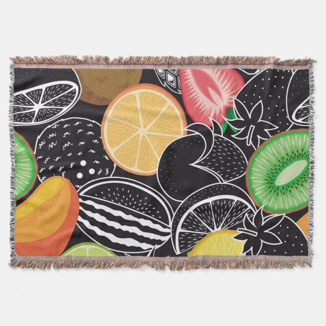 Colourful tropical fruits, black background. throw blanket (Front)