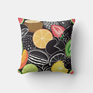 Colourful tropical fruits, black background. throw pillow