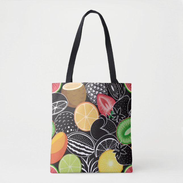 Colourful tropical fruits, black background. tote bag (Front)