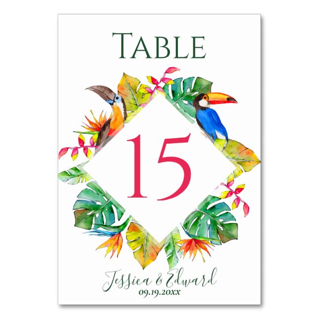 Colourful Tropical Hawaiian Birds Wedding Table Number (Front)