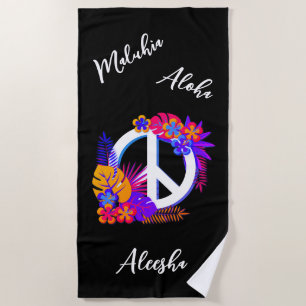 Colourful Tropical Hawaiian Peace Love Black Beach Towel
