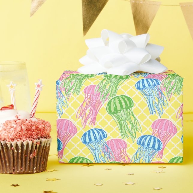 Colourful Tropical Jellyfish Quetrefoil Pattern Wrapping Paper (Birthday Party)